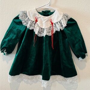 Vintage 1980s Green Dress with White Lace and Red Bows